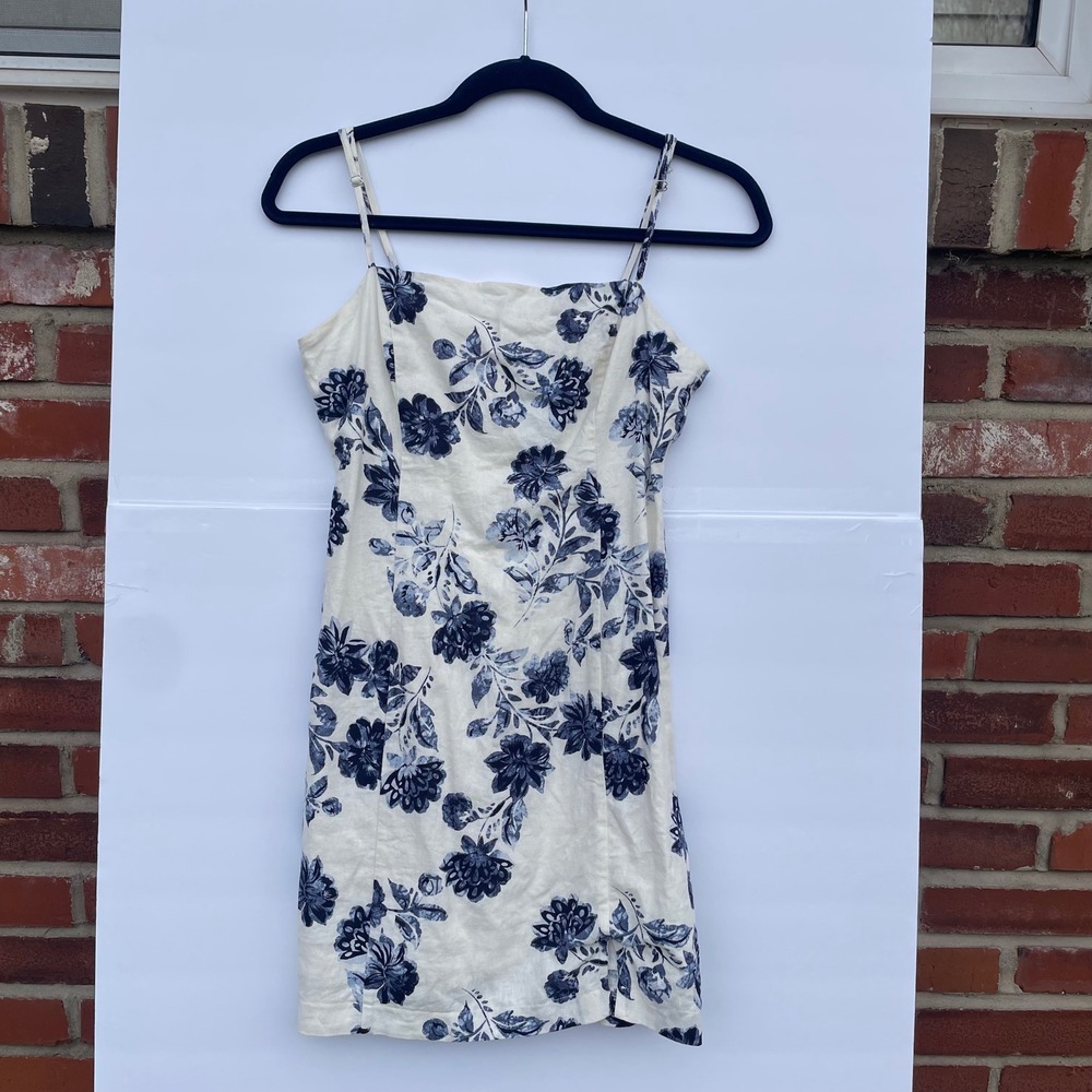 Lush Ivory Blue‎ Floral Linen Blend Mini Dress Small Sundress